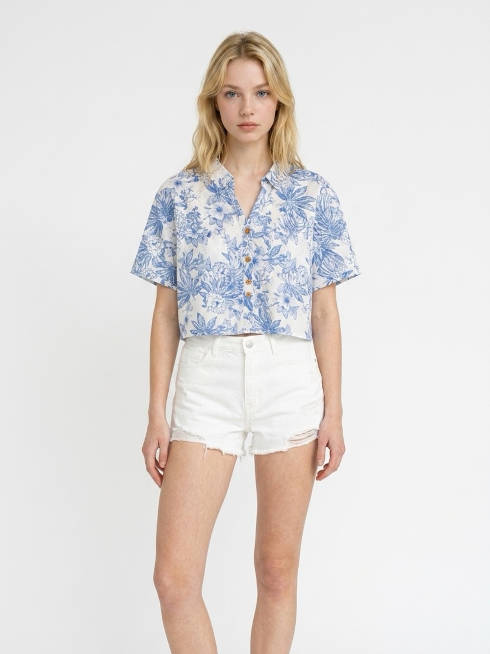 Panama Jack Blue and White Floral Cropped Button-Up Shirt